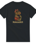 Grafisk illustration av en T-Rex i röd bandana och pärlhalsband – Mamasaurus t-shirt