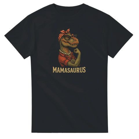 Grafisk illustration av en T-Rex i röd bandana och pärlhalsband – Mamasaurus t-shirt