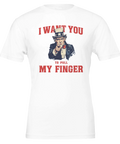 Farbror Sam "I WANT YOU TO PULL MY FINGER" humoristisk t-shirt.