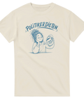 Minimalistisk blå illustration med politisk satir – grafiskt tryckt t-shirt