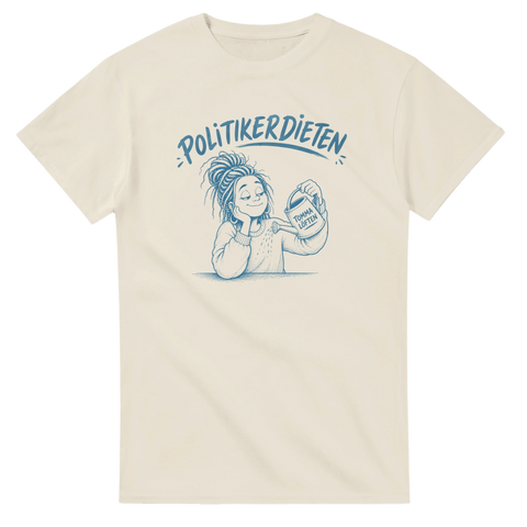 Minimalistisk blå illustration med politisk satir – grafiskt tryckt t-shirt