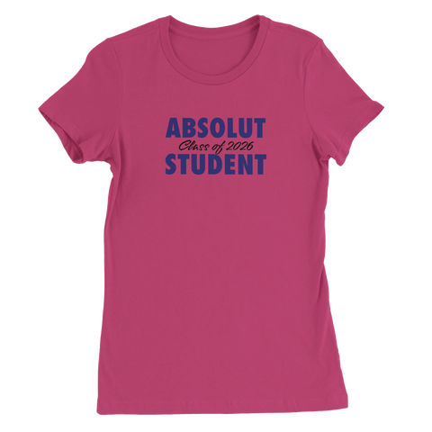 Absolut Student 2026-tryck i mörkblått på fuchsia premium dam t-shirt med rund hals.
