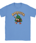Blå t-shirt med en kaffeserverande julgran och texten ”Barrista”.