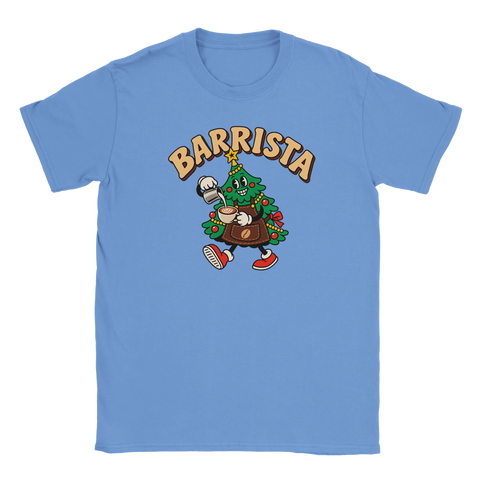 Blå t-shirt med en kaffeserverande julgran och texten ”Barrista”.