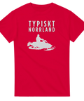 Typiskt Norrland" text och vit skoter med förare på röd t-shirt.