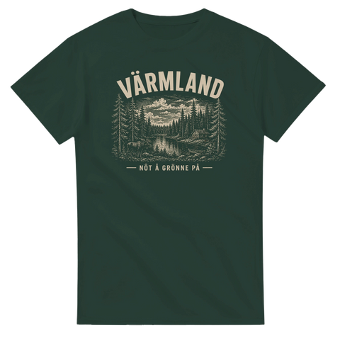Detaljerat naturmotiv med granskog och spegelblankt vatten – grafisk t-shirt