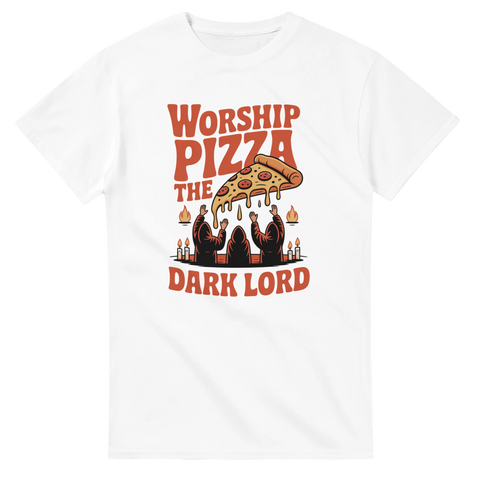 Ockult illustration av figurer som tillber en pizzaslice – grafisk t-shirt