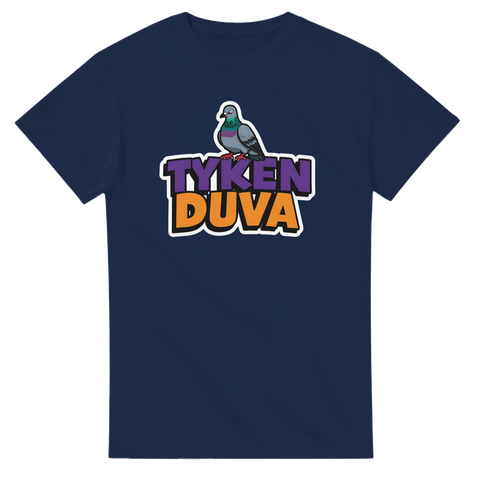 Svensk humor med en attitydfull duva på marinblå t-shirt