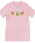 Rosa t-shirt med smileys och en ölsejdel som bildar en ekvation.