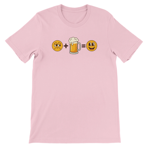 Rosa t-shirt med smileys och en ölsejdel som bildar en ekvation.