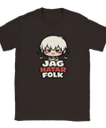 Tecknad arg karaktär med vit lugg, röda kinder och texten "JAG HATAR FOLK" på mörkbrun t-shirt.