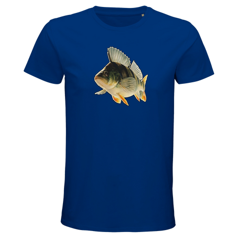 Klassisk blå t-shirt med detaljrik illustration av en abborre