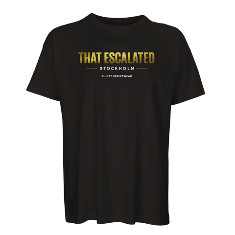 Svart oversized t-shirt med grafiskt statement-tryck i guld och vitt