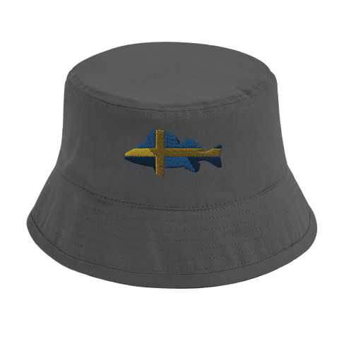 Grå bucket hat med patriotiskt fiskmotiv i högkvalitativt broderi
