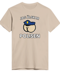 Satiriskt tryck "Jag älskar polisen" med tecknad rumpa i polismössa på beige t-shirt.