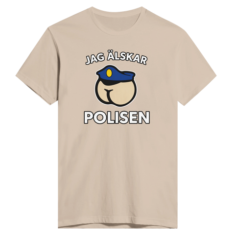 Satiriskt tryck "Jag älskar polisen" med tecknad rumpa i polismössa på beige t-shirt.