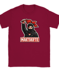 Vinröd t-shirt med grafiskt motiv föreställande en maskerad rebell och texten Maktskifte