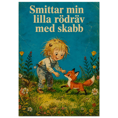 Detaljerad närbild på den absurda texten Smittar min lilla rödräv med skabb