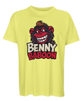 Tecknad arg babian med texten "BENNY BABOON" på gul ekologisk oversized t-shirt.