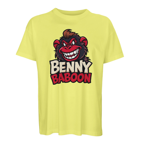 Tecknad arg babian med texten "BENNY BABOON" på gul ekologisk oversized t-shirt.
