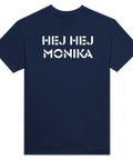 Minimalistiskt Hej Hej Monika motiv med retrokänsla på marinblått