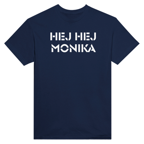 Minimalistiskt Hej Hej Monika motiv med retrokänsla på marinblått