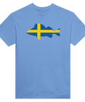 Sverigeborren-design på ljusblå t-shirt; abborr-silhuett med svenska flaggans blå och gula kors.