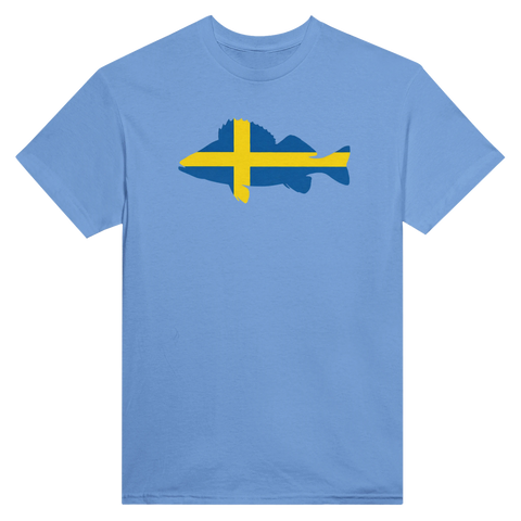 Sverigeborren-design på ljusblå t-shirt; abborr-silhuett med svenska flaggans blå och gula kors.