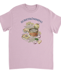 Klassiskt motiv med surströmmingsburk och rödlök på rosa t-shirt