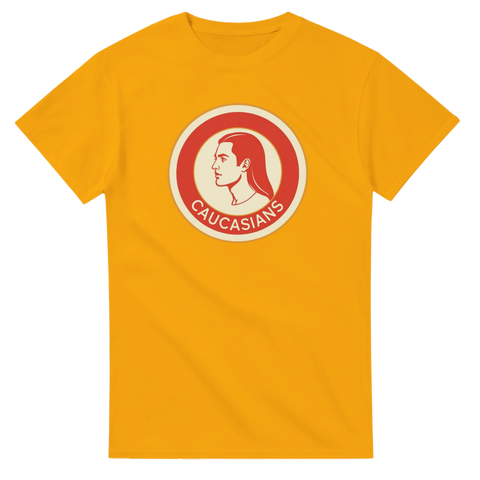 Rund logga med profil av person med långt hår, text "CAUCASIANS" på gul t-shirt.