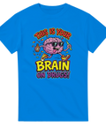 Blå t-shirt med retro pop art-motiv av en hjärna med solglasögon