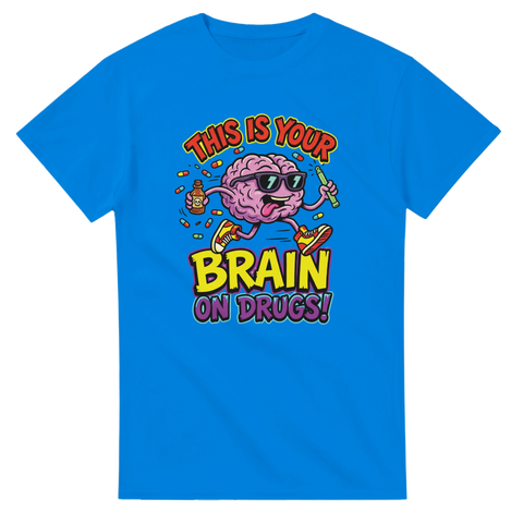 Blå t-shirt med retro pop art-motiv av en hjärna med solglasögon