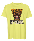 Gul oversized t-shirt med en galet flinande hyena-illustration