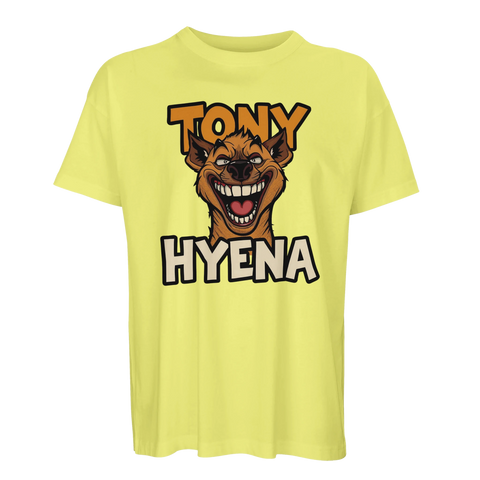 Gul oversized t-shirt med en galet flinande hyena-illustration