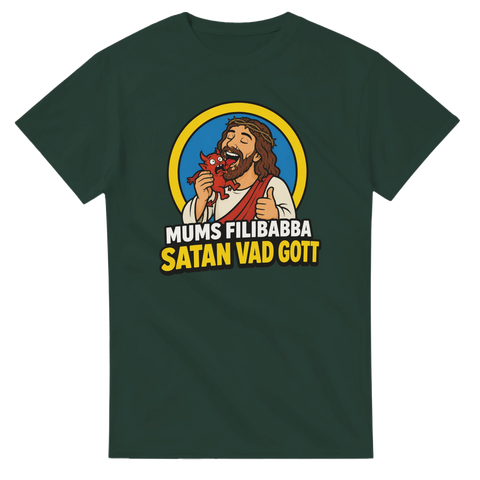 Grafiskt tryck med provokativ humor och Jesus på mörkgrön t-shirt