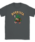 Mörkgrå t-shirt med en kaffeserverande julgran och texten ”Barrista”.