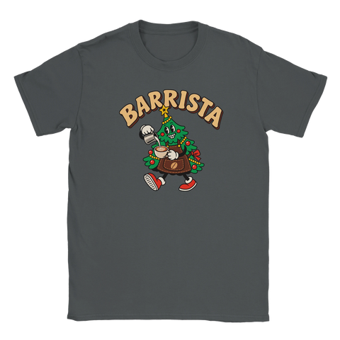 Mörkgrå t-shirt med en kaffeserverande julgran och texten ”Barrista”.