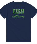Marinblå t-shirt med grafisk illustration av en makrill i neongrönt
