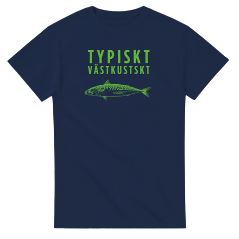 Marinblå t-shirt med grafisk illustration av en makrill i neongrönt