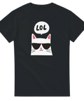 Cool katt med solglasögon och "LOL" pratbubbla på svart t-shirt.