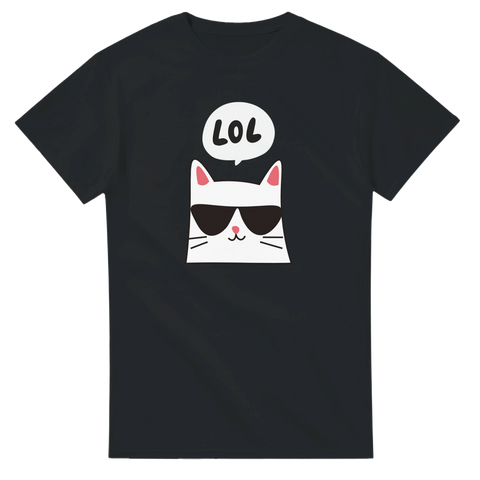Cool katt med solglasögon och "LOL" pratbubbla på svart t-shirt.