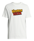 Serietidningsstil "VARANNAN VECKA" text på vit t-shirt.