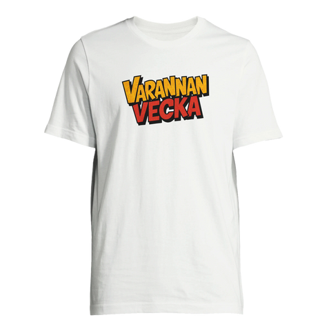Serietidningsstil "VARANNAN VECKA" text på vit t-shirt.