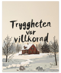 Närbild på en konstposter med ett melankoliskt vintermotiv och handskriven text framför en skog av avlövade träd.