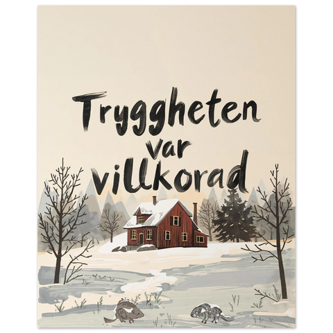 Närbild på en konstposter med ett melankoliskt vintermotiv och handskriven text framför en skog av avlövade träd.