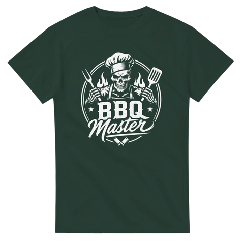 Illustration av grillande skelettkock med texten BBQ Master på mörkgrön t-shirt