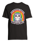 Svart t-shirt med kontrastrikt tryck av en söt katt och satirisk textdesign