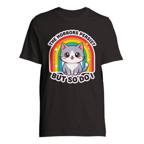 Svart t-shirt med kontrastrikt tryck av en söt katt och satirisk textdesign