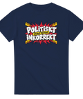 Serietidningsinspirerat tryck med texten Politiskt inkorrekt på en marinblå t-shirt