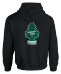 Raggarsvin Skogsfrisk" doftgransmotiv i grönt och vitt på svart hoodie.
